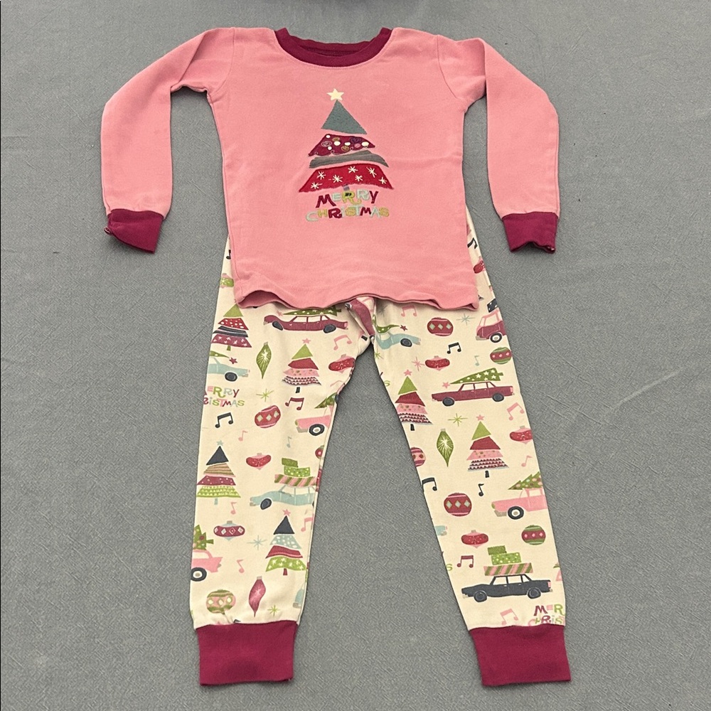 Pink and Cream Kids Pajamas with Christmas Tree Design